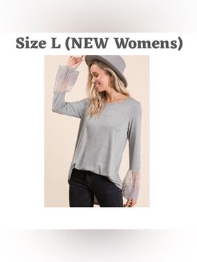 NEW BOMBOM Gray Knit Blouse with Lace Flared Sleeves Pullover Women's Size L